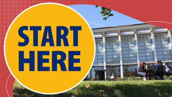 Start Here graphic, showing a building on the Haverhill campus with a picnic table in front of it